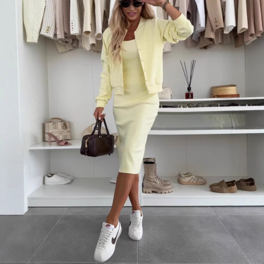 Solid Color Sling Dress & Cardigan Two-Piece Set | Women’s Long Skirt & Outerwear Top | Elegant Casual Outfit