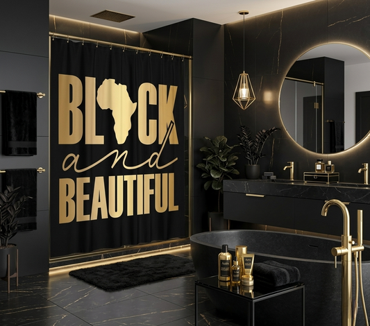 Black and Beautiful African Pride Shower Curtain – Gold Afro Queen Design | Melanin Bathroom Decor | Luxury Black Girl Magic