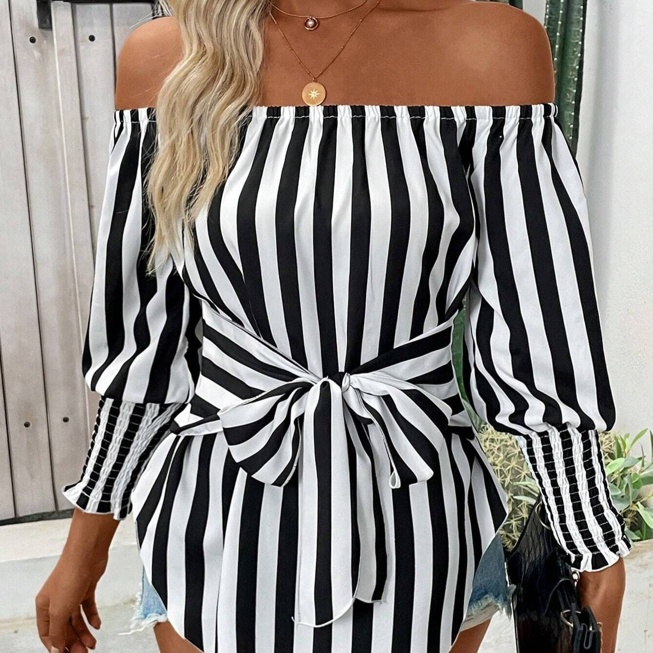 Chic Black and White Lantern Sleeve Blouse – Women’s Shoulder-Baring Elegant Statement Top