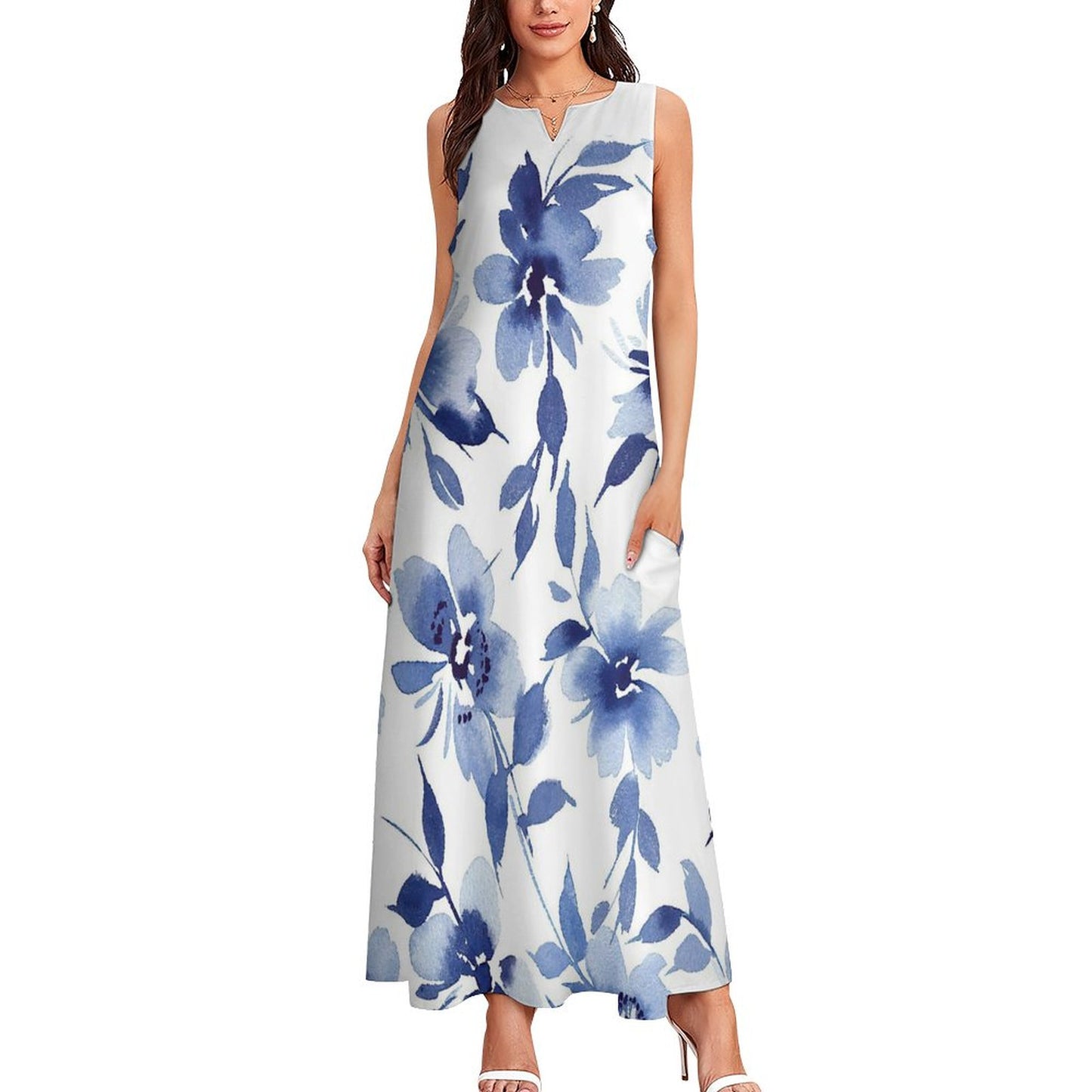 Elegant White Sleeveless Ankle-Length Dress with Blue Butterflies | Women's Dress