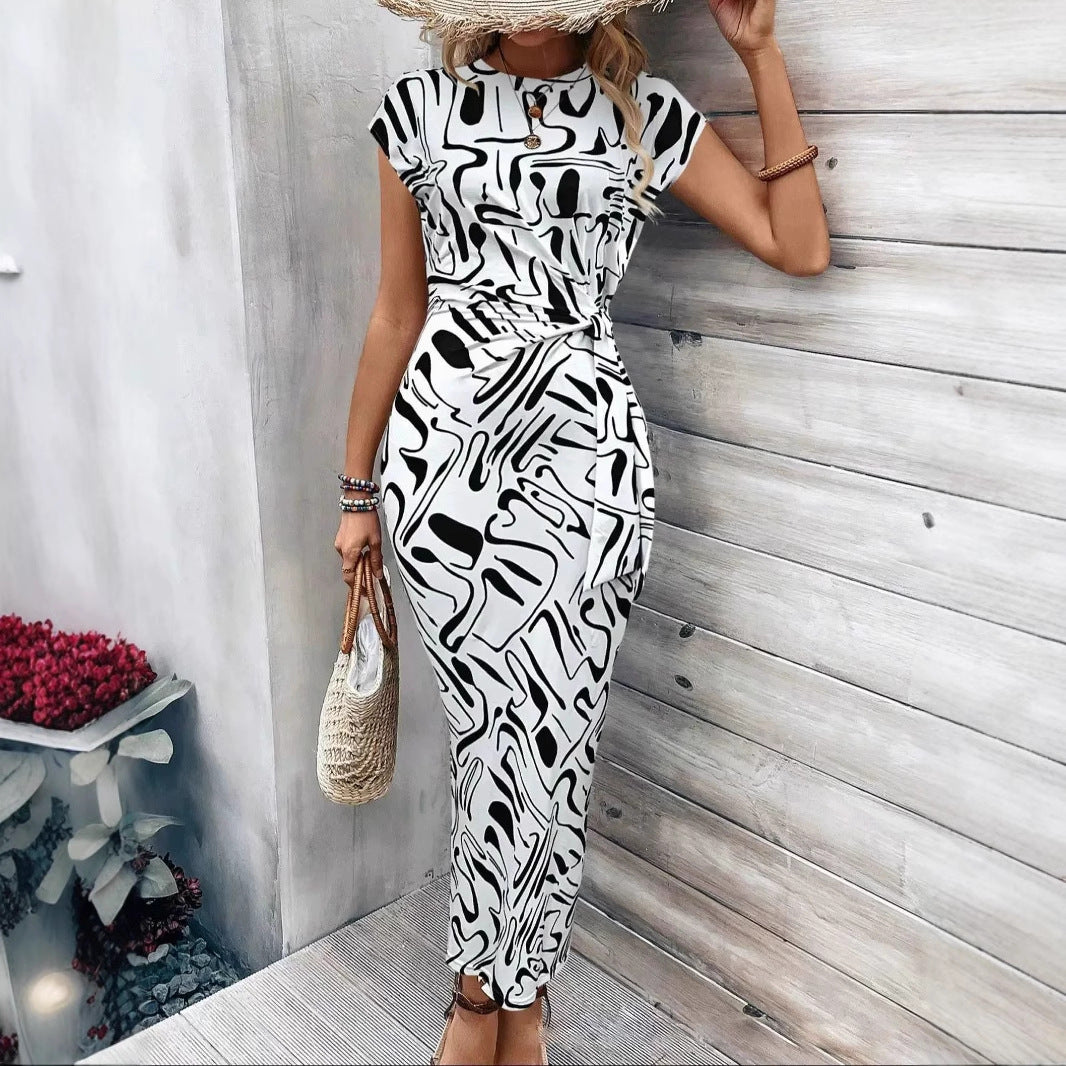 Elegant Striped Waist Strap Two-Piece Dress Set – Round Neck Short Sleeve & Long Skirt for Women