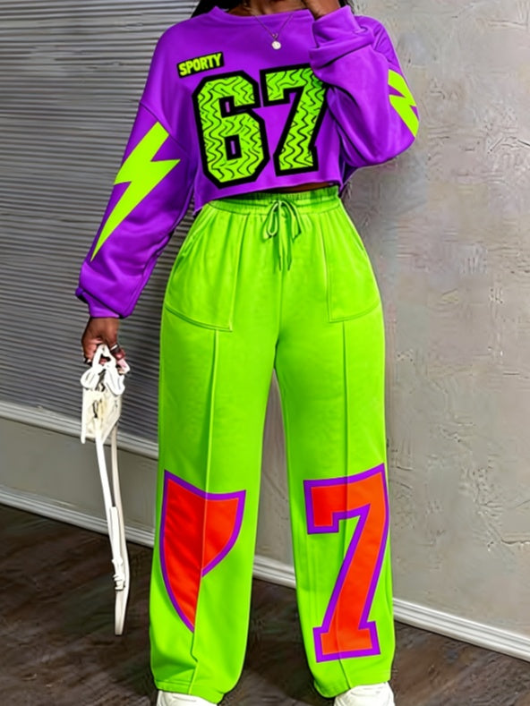 Casual Cropped Sweatshirt & Wide-Leg Pants Set | Two-Piece Lounge Set for Women | Cozy Streetwear Outfit | Matching Sweatsuit Set | Fall & Winter Loungewear