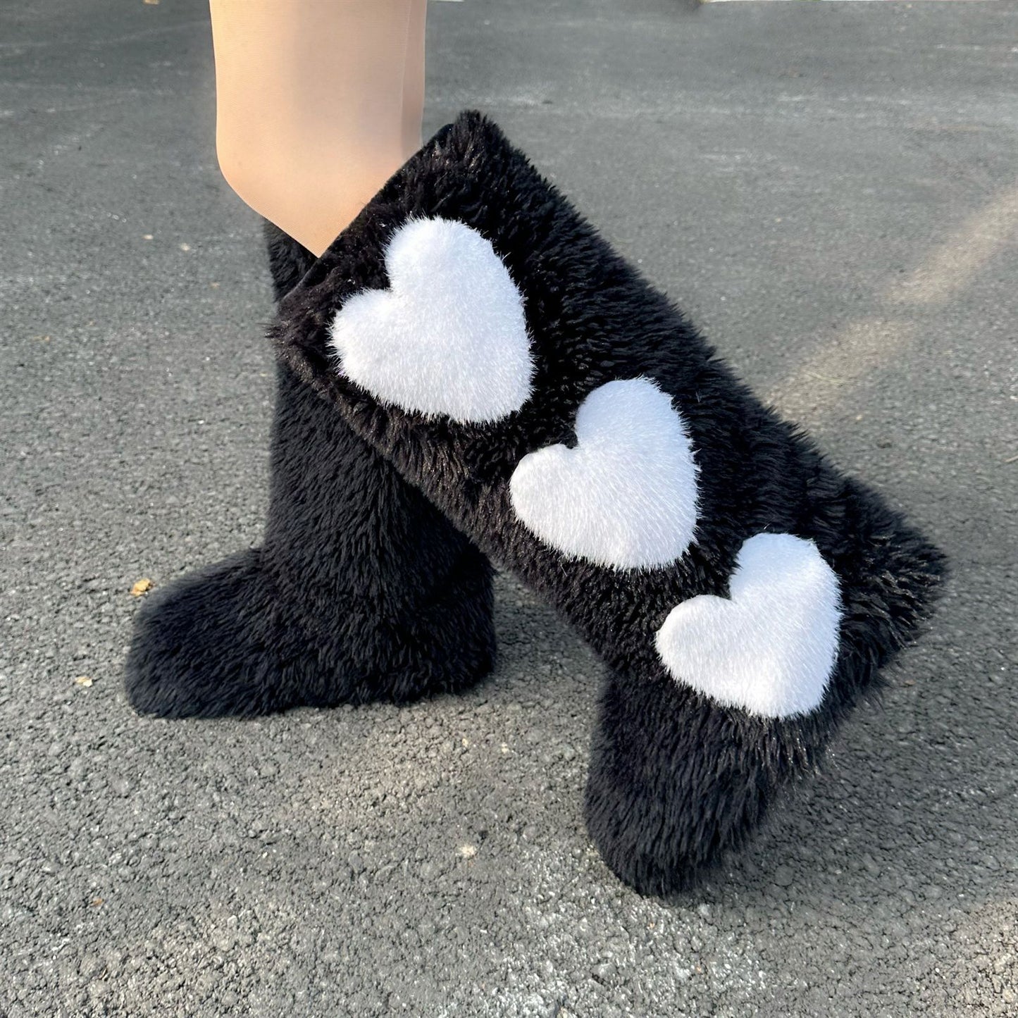 Flat Long Fur Boots - Women's Fleece-Lined Waterproof Warm Love Snow Boots with Heart Design