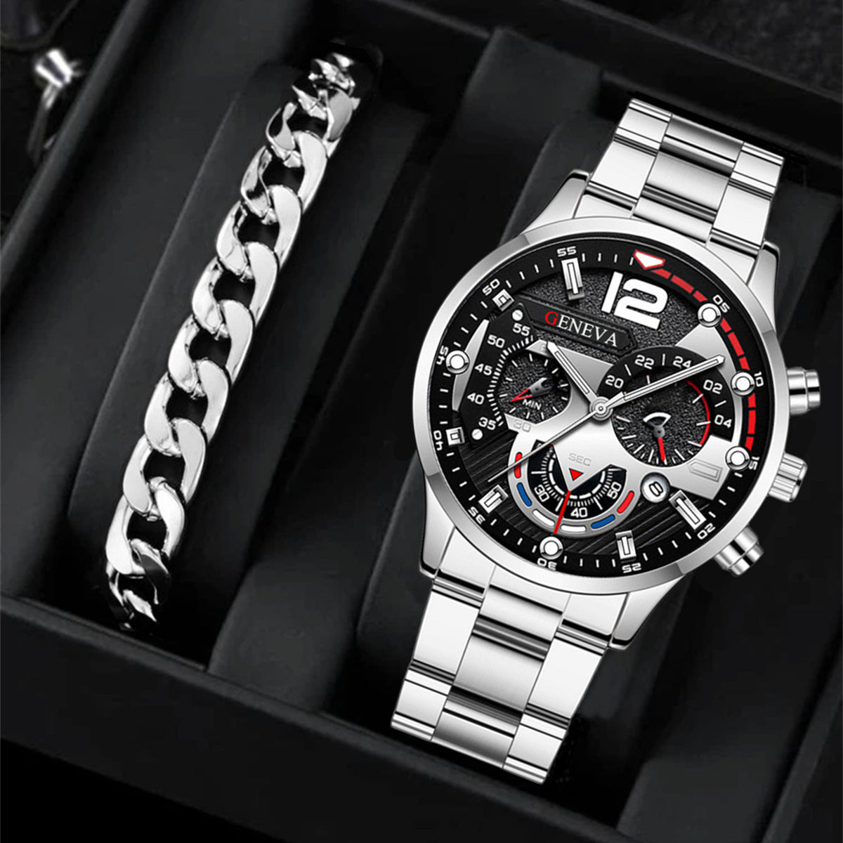 2Pcs Men’s Luxury Steel Strip Quartz Watch & Bracelet Set – Fashion Business Three-Eye Wristwatch Set for Men | Modern Elegant Gift Set