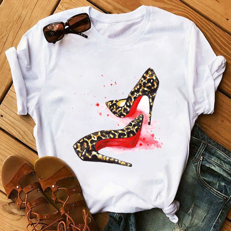 Women's High Heels Pattern Cute Loose Top T-shirt