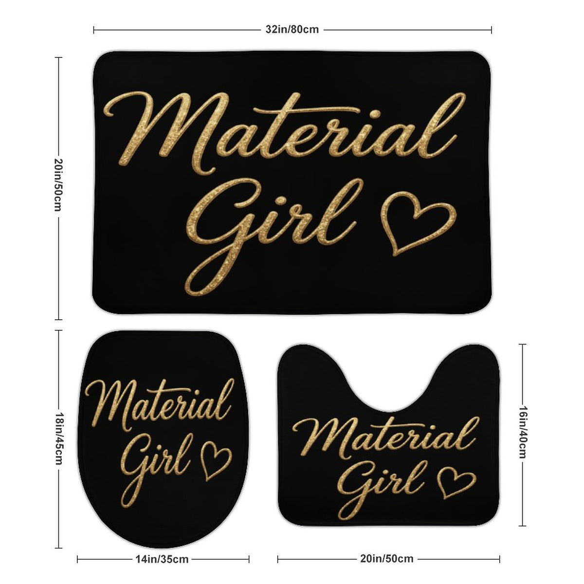 Material Girl Bathroom Mat Set, Black Gold Glam Bath Rugs, 3 Piece Toilet Mat Set, Luxury Bathroom Decor, Boss Lady Bath Set