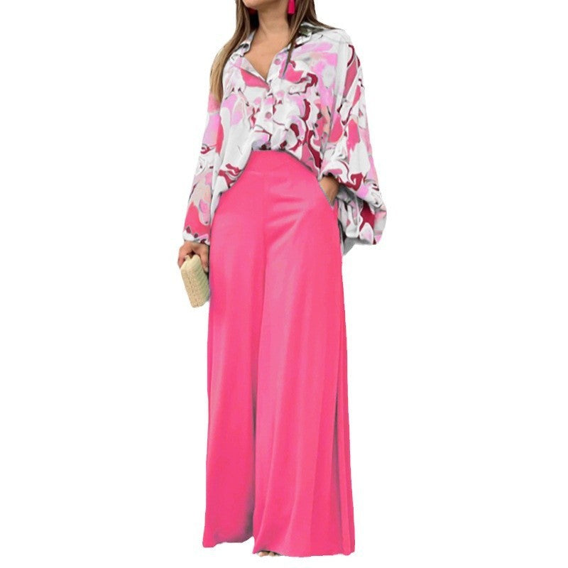 Loose & Elegant Casual Printed Shirt Top + Wide-Leg Pants Set | 2-Piece Fashion Outfit for Women