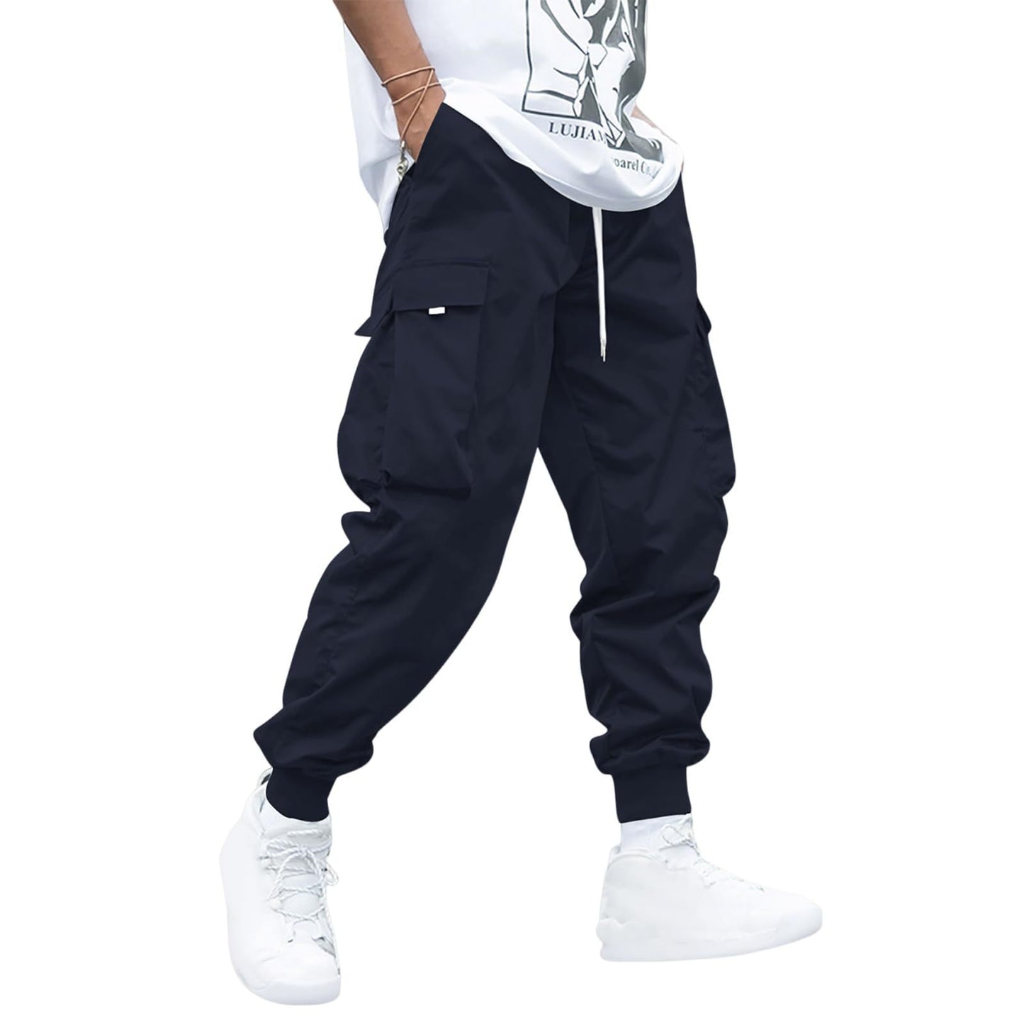 Men's Flip Pocket Drawstring Technology Cargo Pants Sports Elastic Jogging Casual Pants