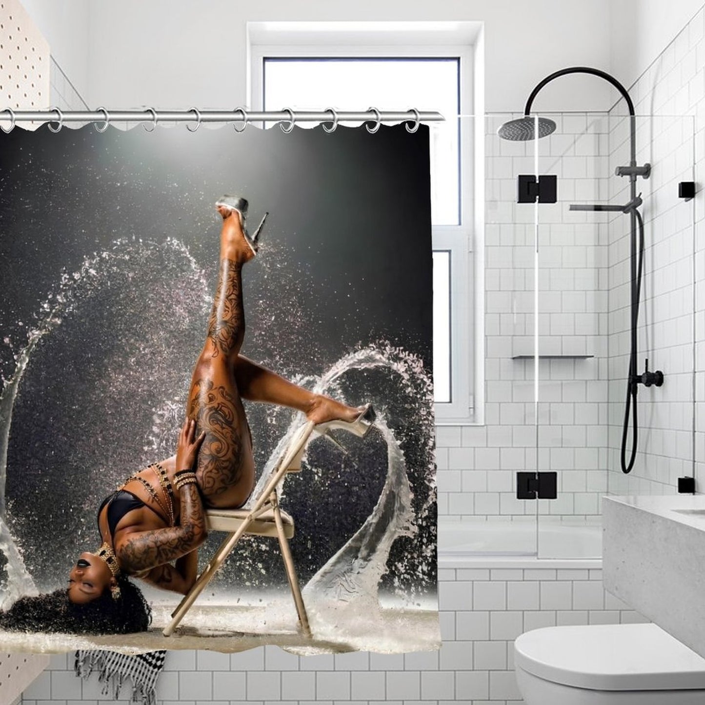 Luxury Black & Gold Tattoo Goddess Shower Curtain Set | Glam Bathroom Decor | Waterproof Modern Bathroom Curtain | Bold Sexy Spa Aesthetic