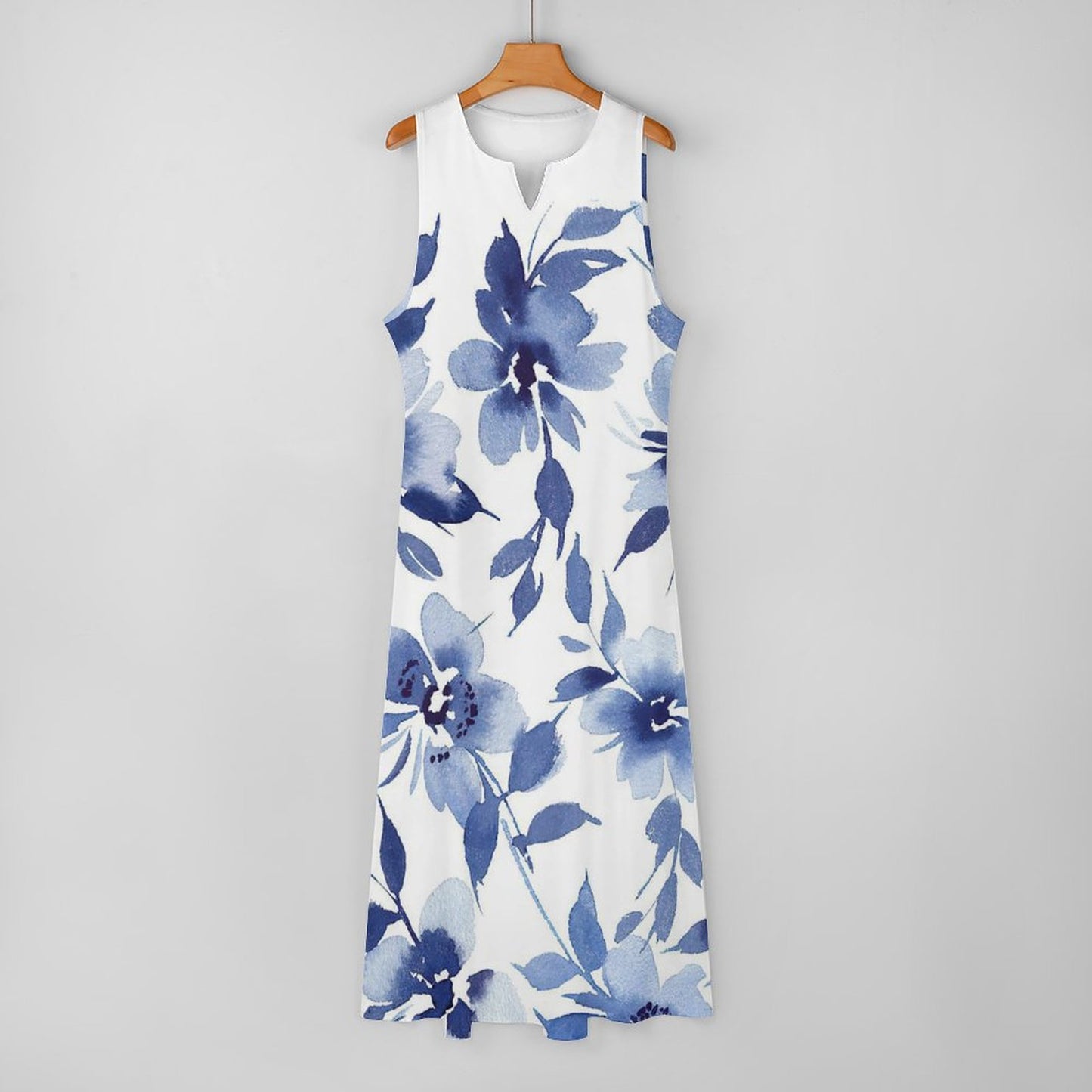 Elegant White Sleeveless Ankle-Length Dress with Blue Butterflies | Women's Dress