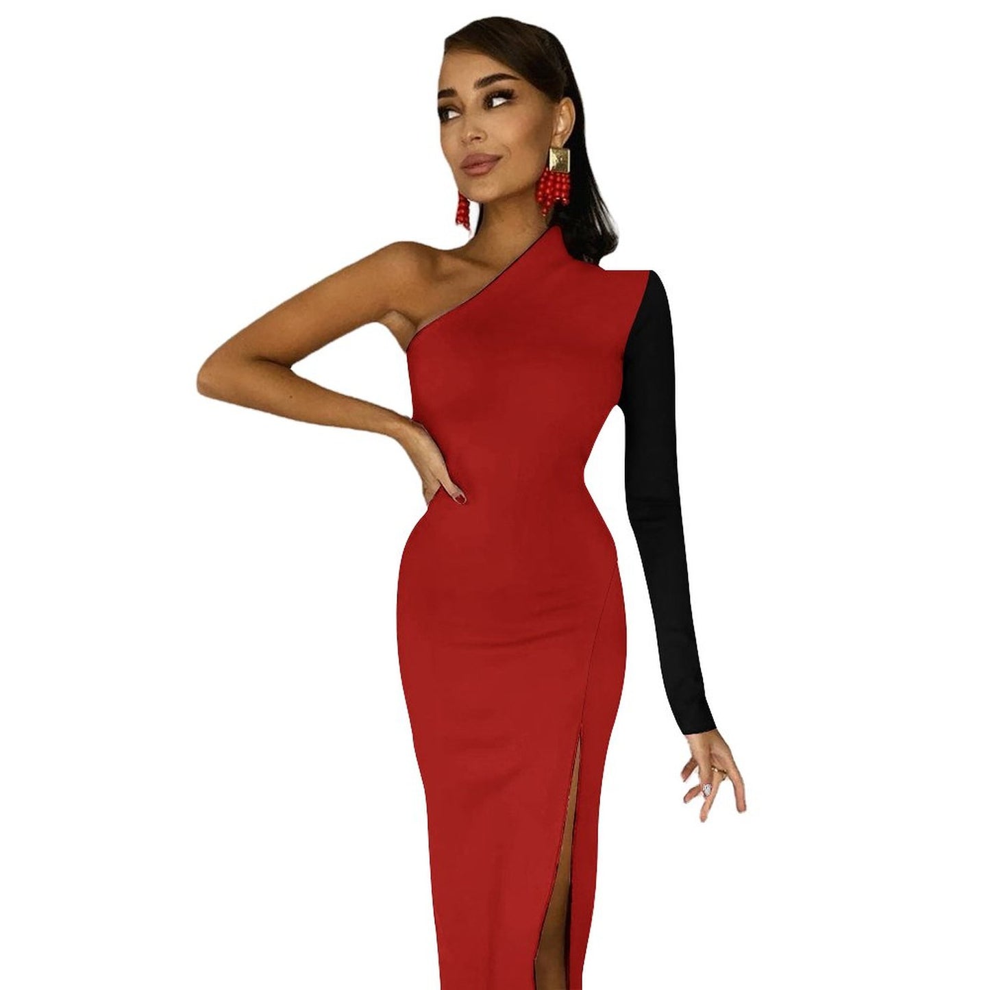 Red and Black Evening Gown One Shoulder Split Dress