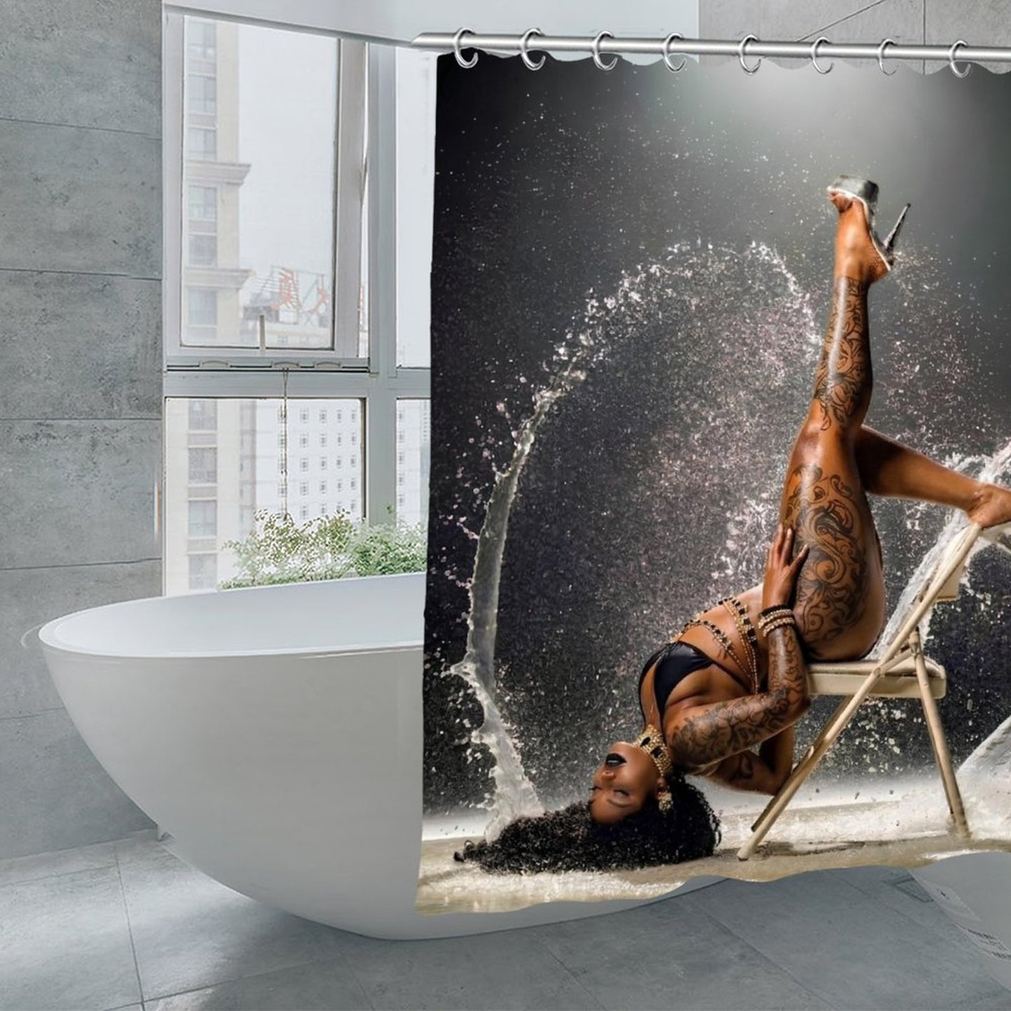 Luxury Black & Gold Tattoo Goddess Shower Curtain Set | Glam Bathroom Decor | Waterproof Modern Bathroom Curtain | Bold Sexy Spa Aesthetic