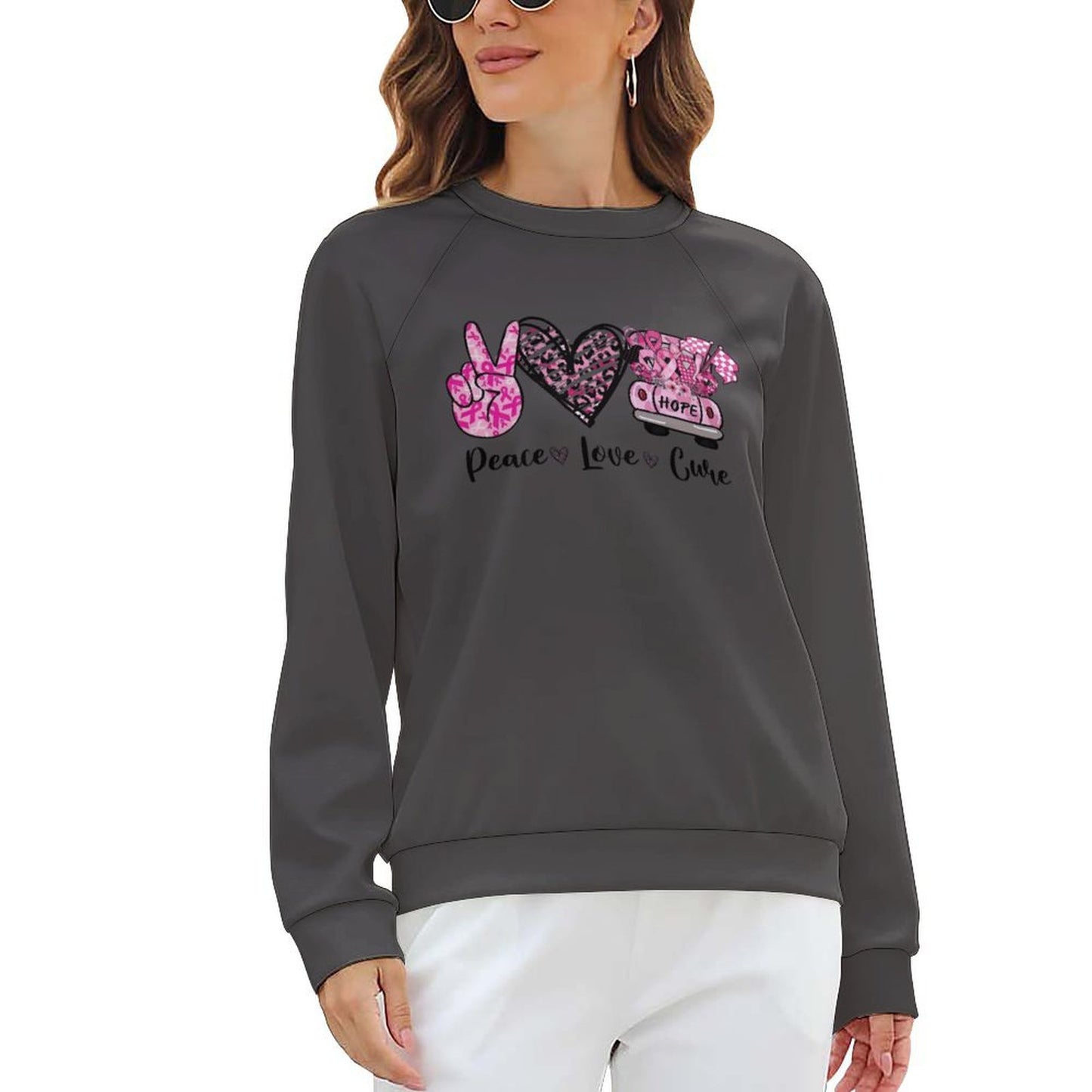 Women's Peace Love Cure Breast Cancer Awareness Sweatshirt - Pink Ribbon Pullover