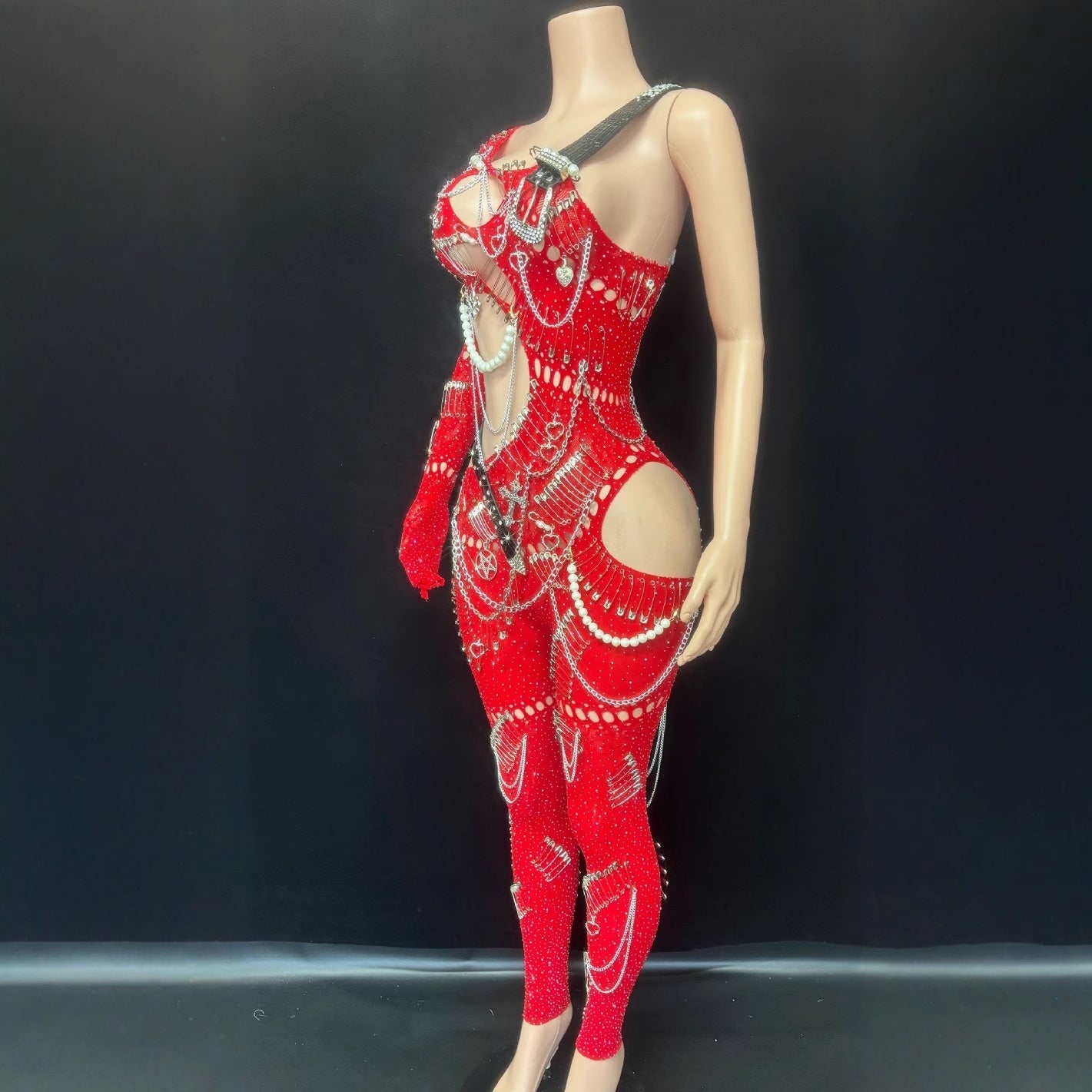 Red Rhinestone Cutout Bodysuit – Luxury Stagewear for Women | Crystal Chain Mesh Jumpsuit | Exotic Performance Outfit