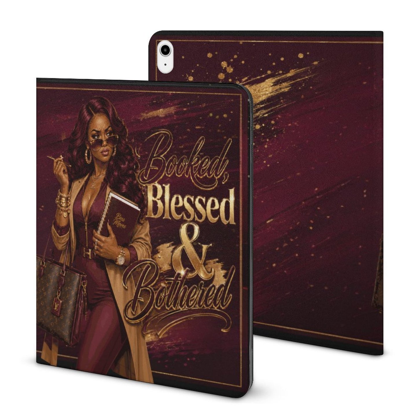 Booked, Blessed & Bothered iPad Case with Apple Pencil Holder | Melanin Boss Lady Tablet Cover | Luxury Burgundy & Gold iPad Protector | Folio Stand Case