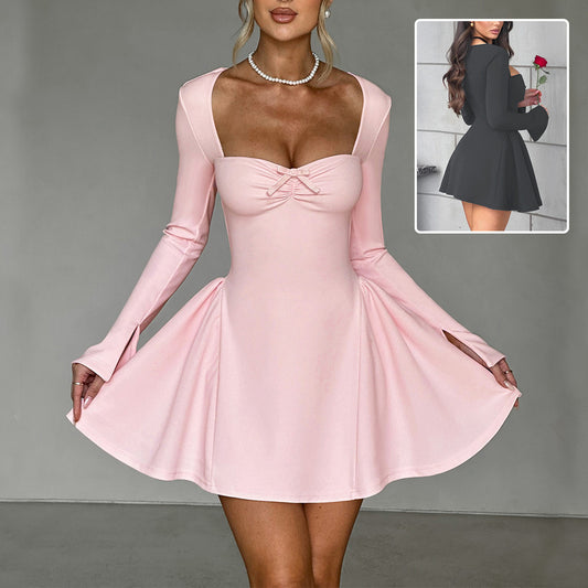 Commute Low-Neck Long-Sleeved Y2K A-Line Mini Dress – Slim Fit Party & Evening Look for Women