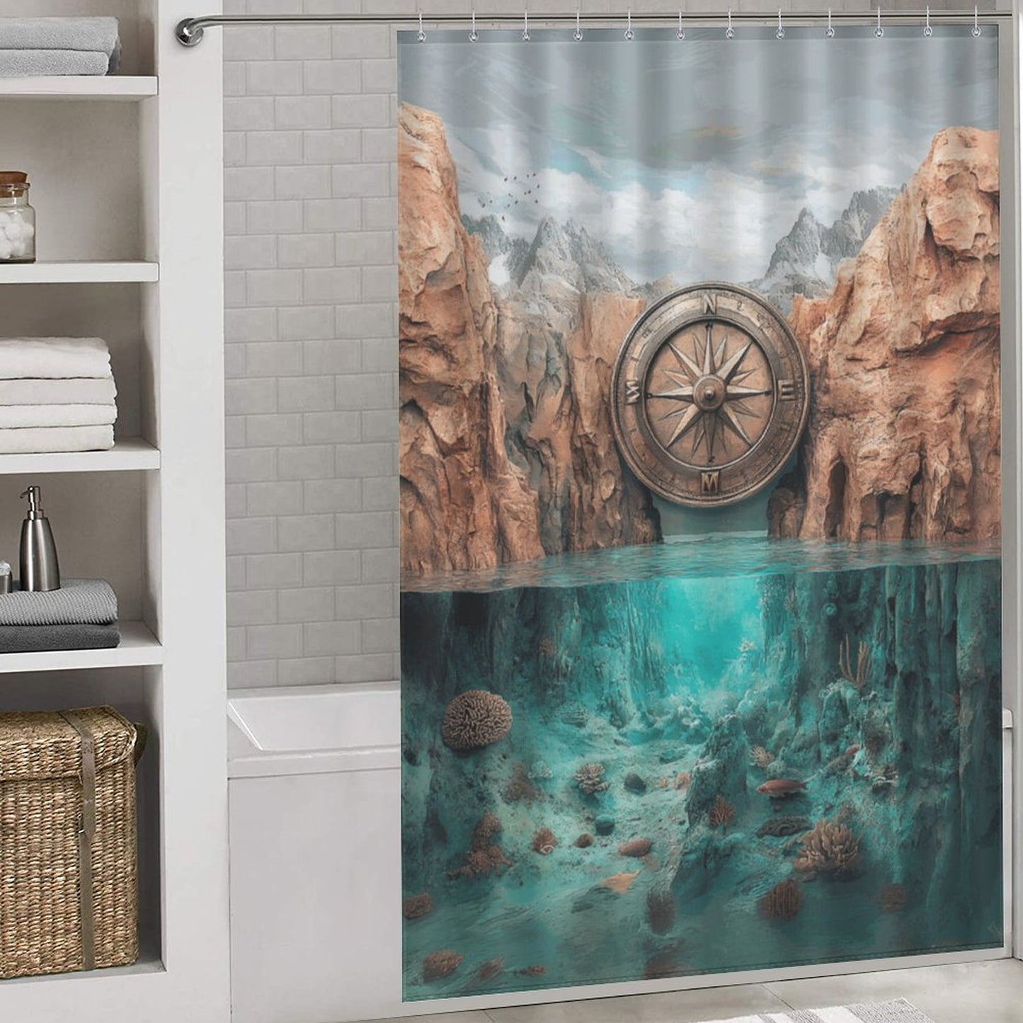 Compass with Mountain Over Water Shower Curtain | Nature Adventure Bathroom Decor | Wanderlust Compass Map Rustic Scenery Curtain