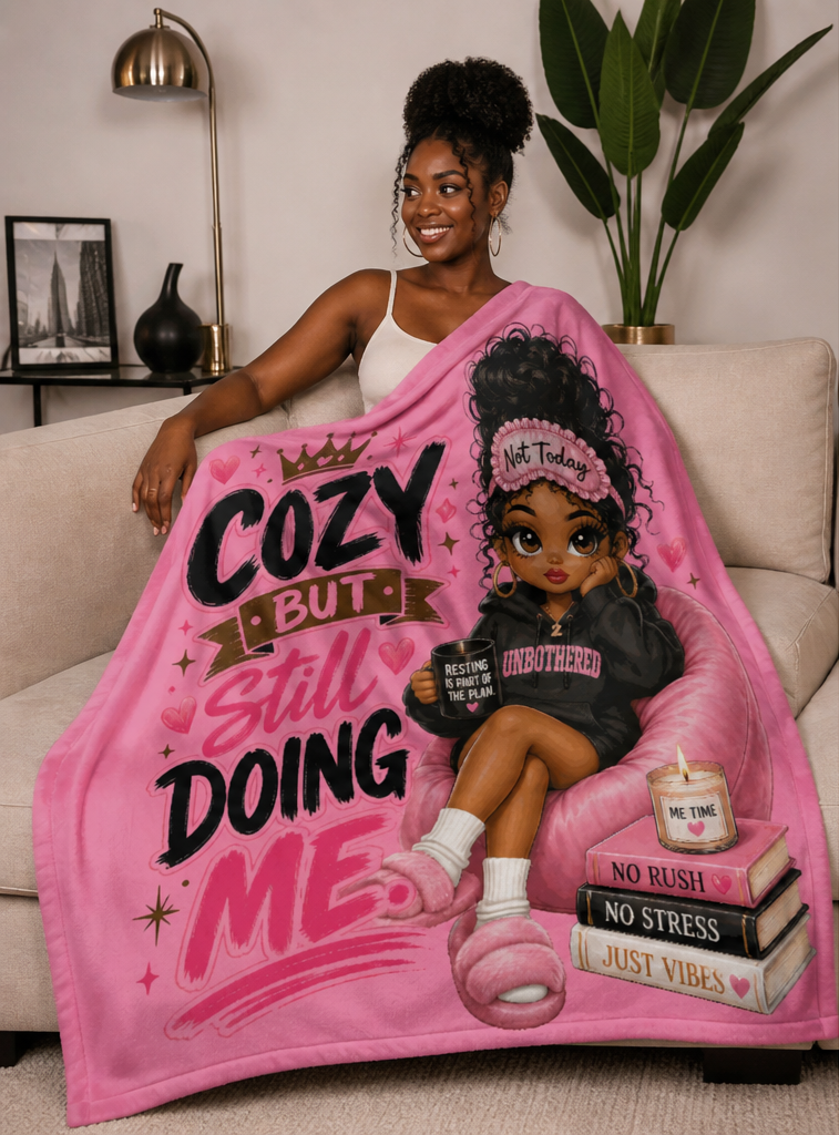 Cozy But Still Doing Me Flannel Throw Blanket – 60"x80" | Pink Black Girl Self-Care Blanket | 250gsm Soft Plush Oversized Blanket