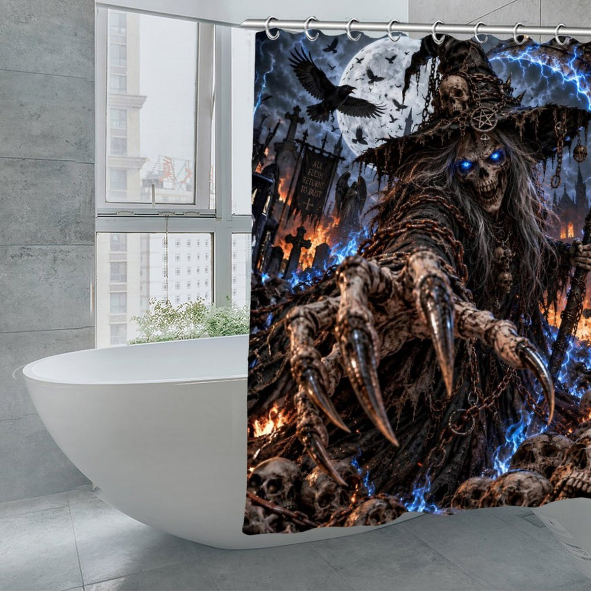 Gothic Grim Reaper Shower Curtain, Undead Witch Skull Bathroom Decor, Blue Lightning Horror Curtain, Dark Fantasy Halloween Bath Decor