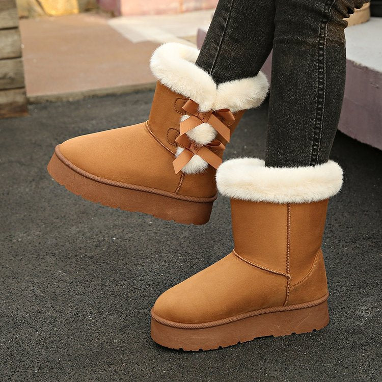 Women’s Bow Retro Ankle Boots | Fleece Lined Winter Boots | Thick Sole Birkenstock-Style Boots | Cozy Warm Snow Boots for Women | Cute Bow Winter Booties