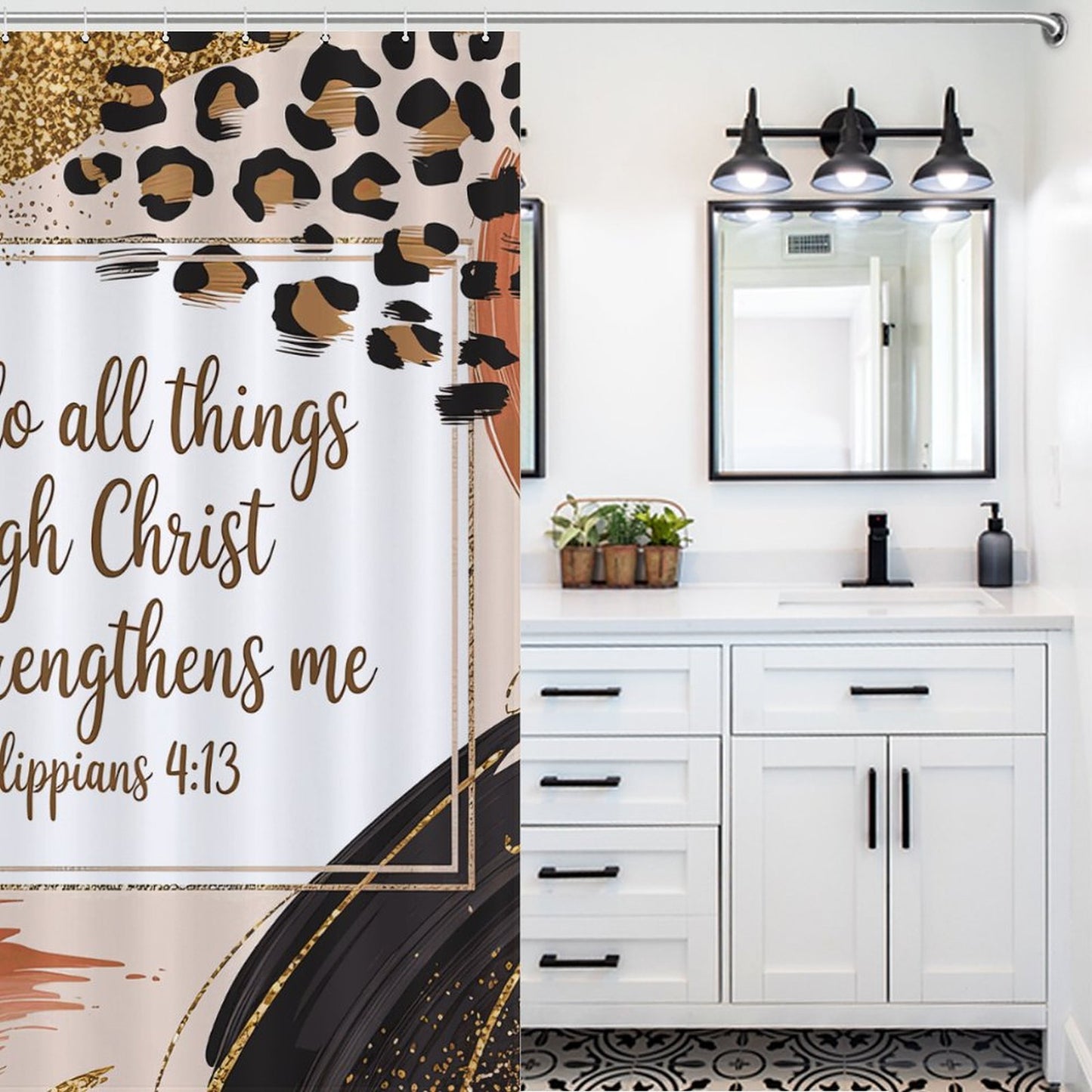 Philippians 4:13 Shower Curtain – Pink, Gold & Leopard Print | Inspirational Bible Verse Bathroom Decor | Christian Faith Home Accent