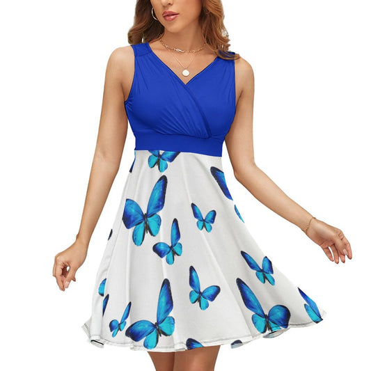 Blue Butterflies Sleeveless High Waist Dress/ Spring Dress / Women's Sun Dress