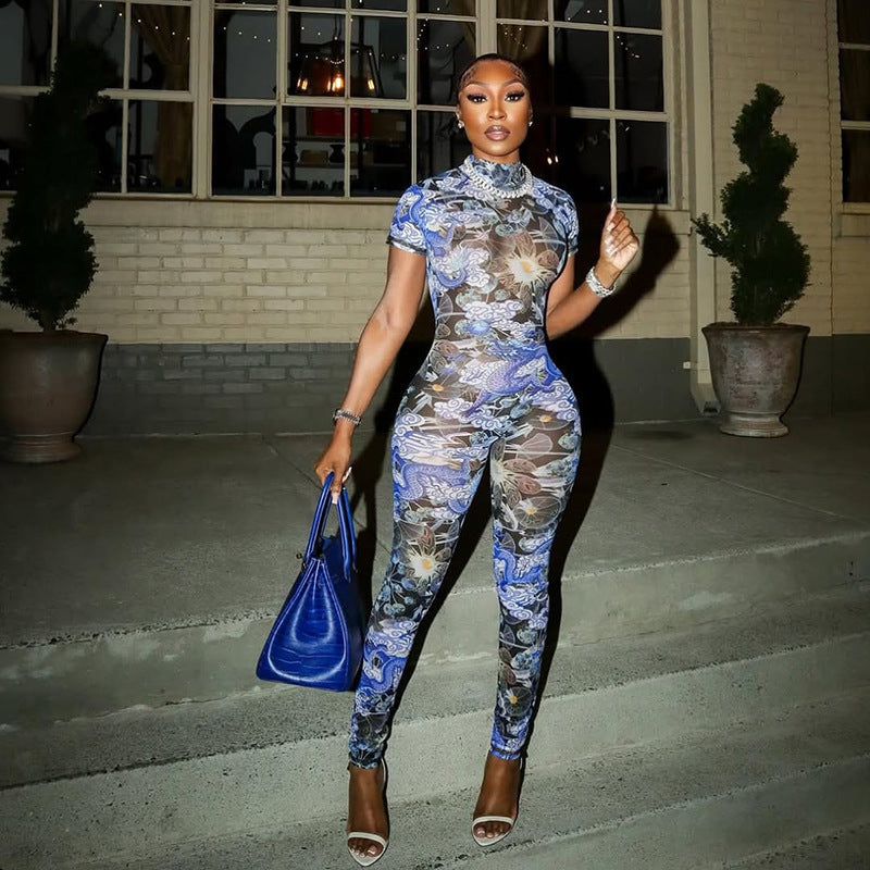 Sexy Backless Half Turtleneck Printed Hollow-Out Jumpsuit – Bold & Body-Hugging Statement Fit