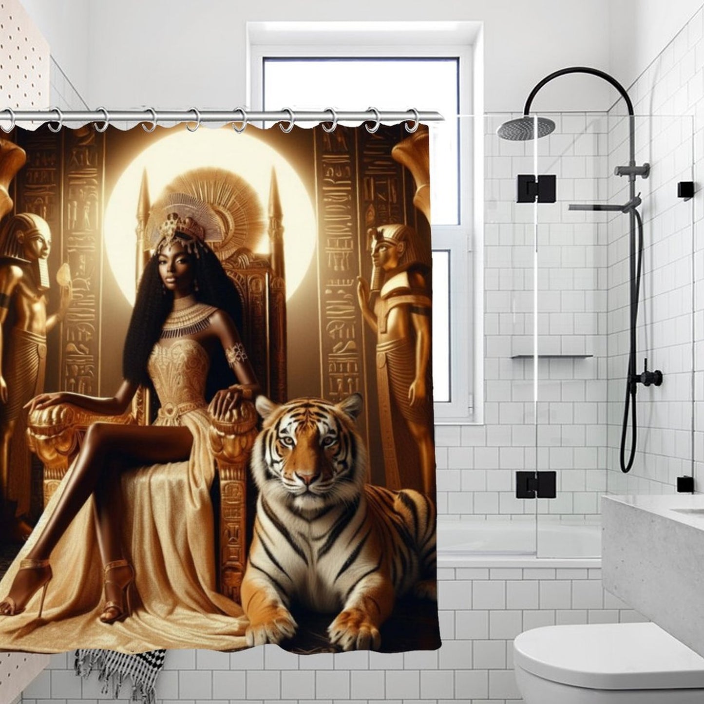 Majestic Queen on Throne with Tiger Waterproof Shower Curtain - Egyptian Gold & Black Luxury Bath Decor Waterproof Shower Curtain
