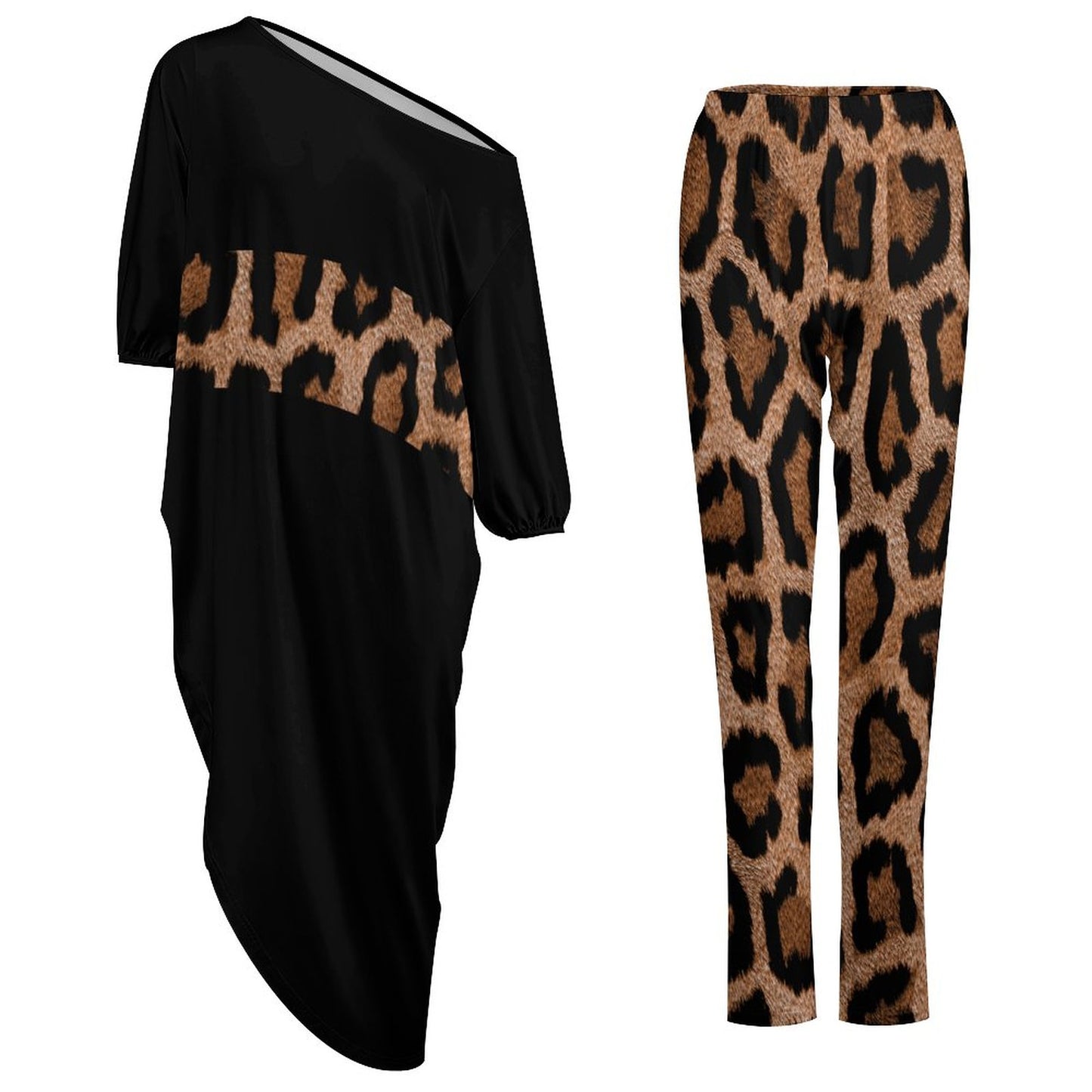 Women's Two-Piece Set Off-Shoulder Black Top with Leopard Print Leggings - Stylish & Comfortable Outfit