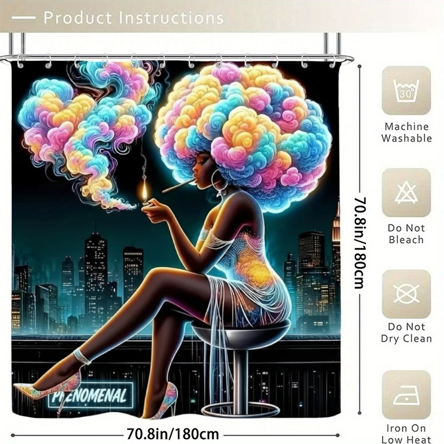 PHENOMENAL Neon Smoke Afrocentric Shower Curtain | Black Woman Art | Cityscape Vibe | Unique Maximalist Home Decor
