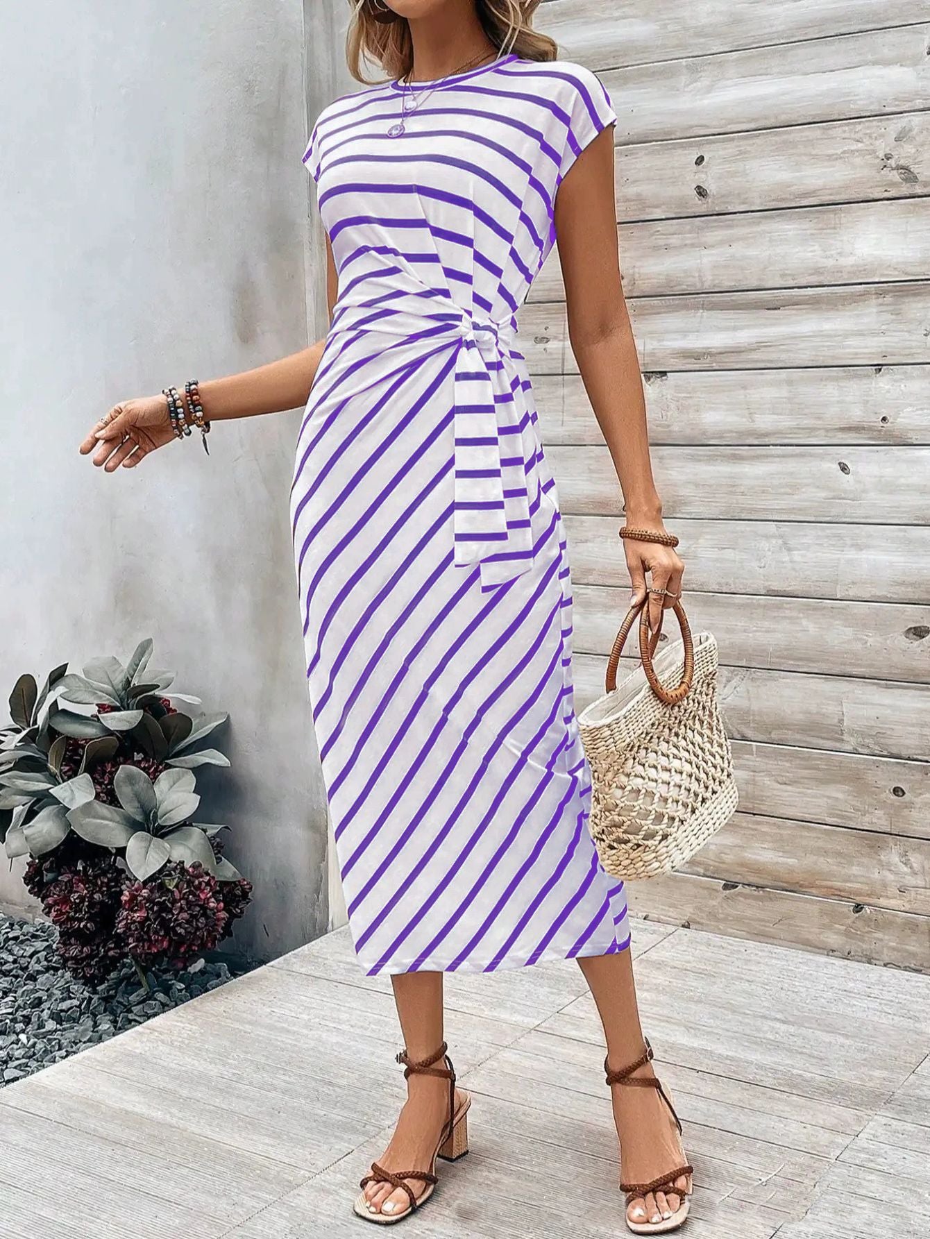 Elegant Striped Waist Strap Two-Piece Dress Set – Round Neck Short Sleeve & Long Skirt for Women