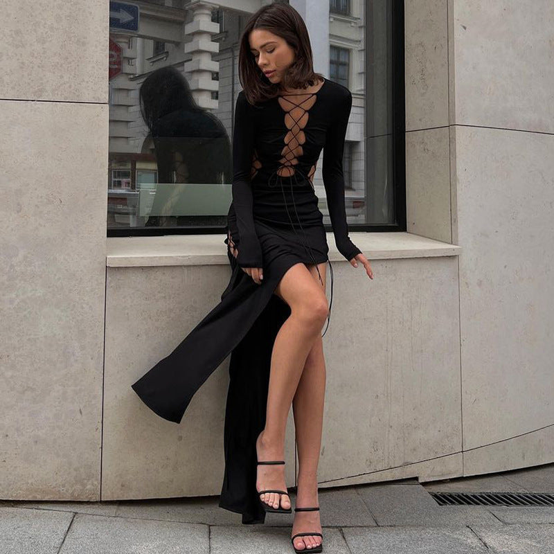 Autumn Hollow Lacing Slim Long-Sleeved Dress – Elegant Bodycon Outfit for Women | Fall Fashion 2025