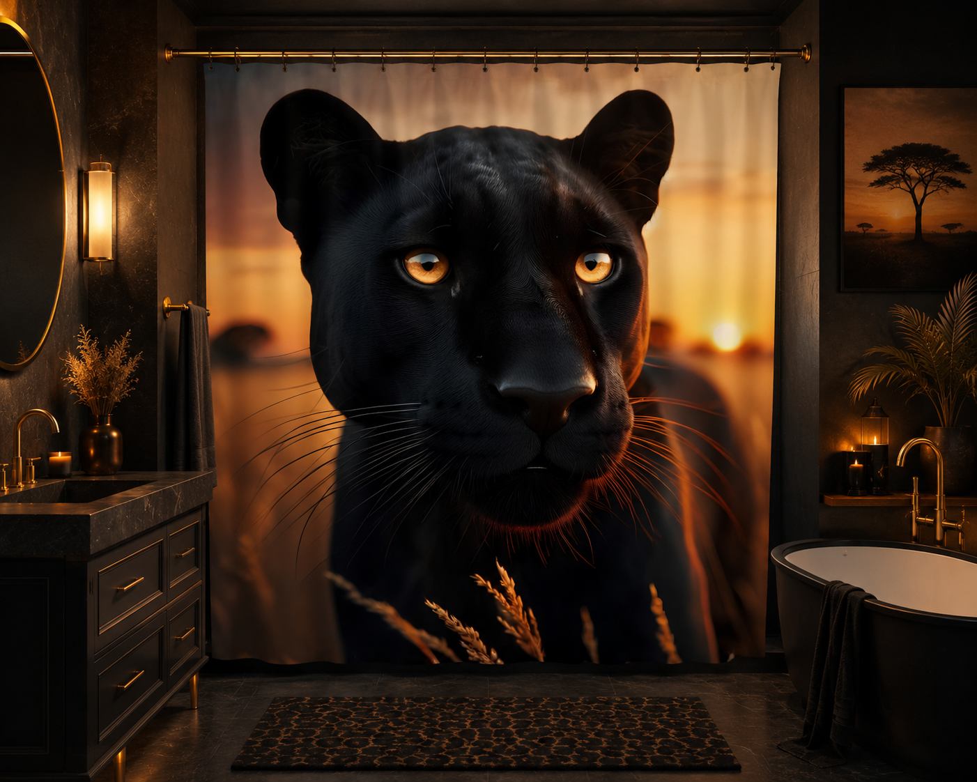 Black Panther Shower Curtain | Luxury Wildlife Bathroom Decor | Majestic Panther Sunset Bath Curtain | Safari Animal Bathroom Set | Modern Black Gold Bathroom Decor