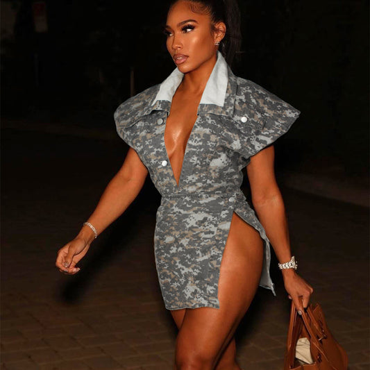 Camo Denim Skirt Suit for Women – Trendy 2-Piece Casual Outfit with Jacket and Skirt