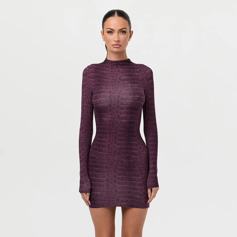 Sexy Long Sleeve Snakeskin Print Bodycon Mini Dress – Figure-Hugging Sheath Dress for Night Out, Clubwear, Party Outfit for Women
