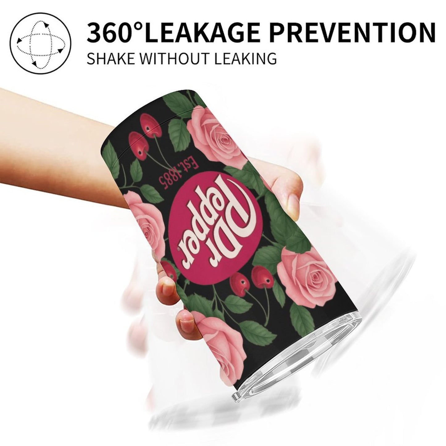 Dr. Pepper Black & Pink Floral Tumbler with Straw | Vintage Cherry Rose Insulated Travel Cup | 20oz Stainless Steel Tumbler