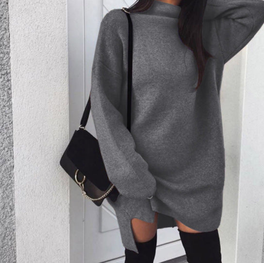 Casual Loose Knit High Neck Split Women Sweater Dress