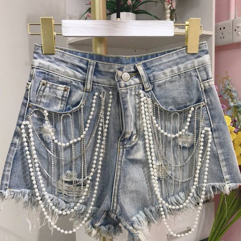 Women's Summer Beaded Jeans Shorts