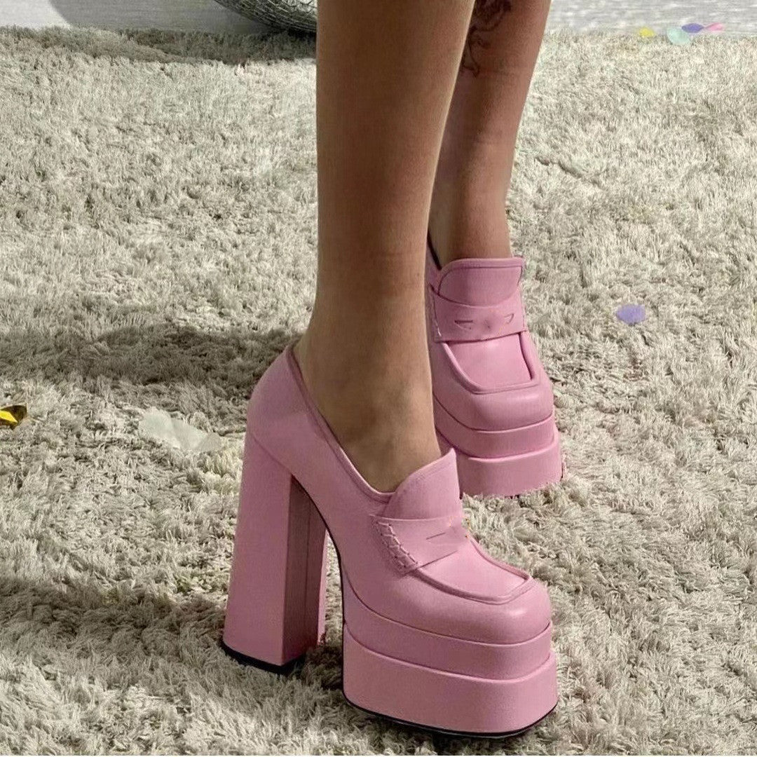 Square Toe Chunky High Heels Double Platform