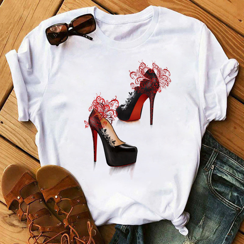 Women's High Heels Pattern Cute Loose Top T-shirt