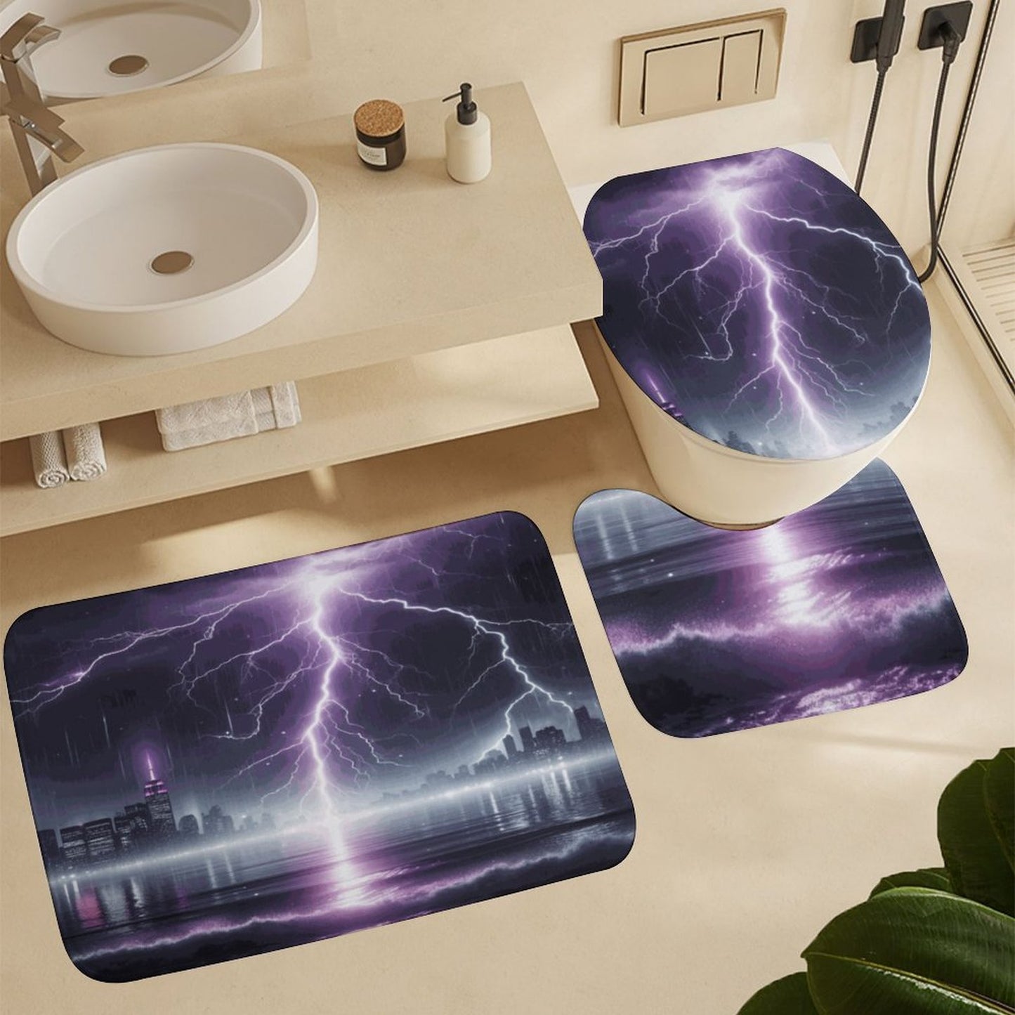 Thunder Storm Shower Curtain Set with 3 Rugs/ Guest Bathroom/ Master Bathroom