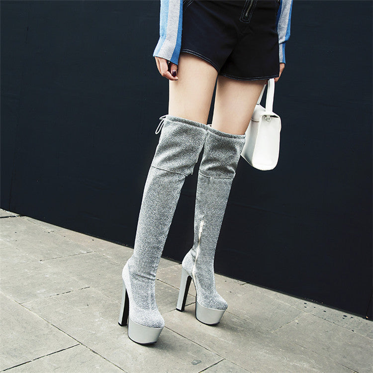 Women's Thigh Bling Sequined Cloth Platforms High Heels Long Boots