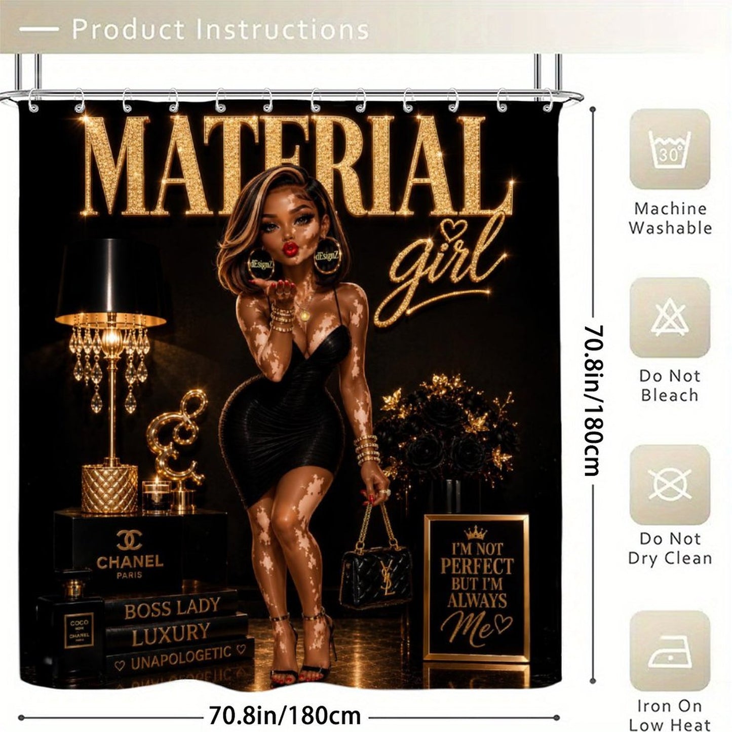 Material Girl Luxury Waterproof Shower Curtain | Black & Gold Glam Bathroom Decor | Fashion-Inspired Vitiligo Beauty Bath Curtain | Modern Chic Bathroom Accent
