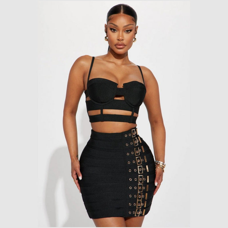 Sexy Spaghetti-Strap Camisole Top & Belt Buckle Miniskirt Set – Trendy Two-Piece Midriff Outfit for Women | Streetwear Clubwear Fashion
