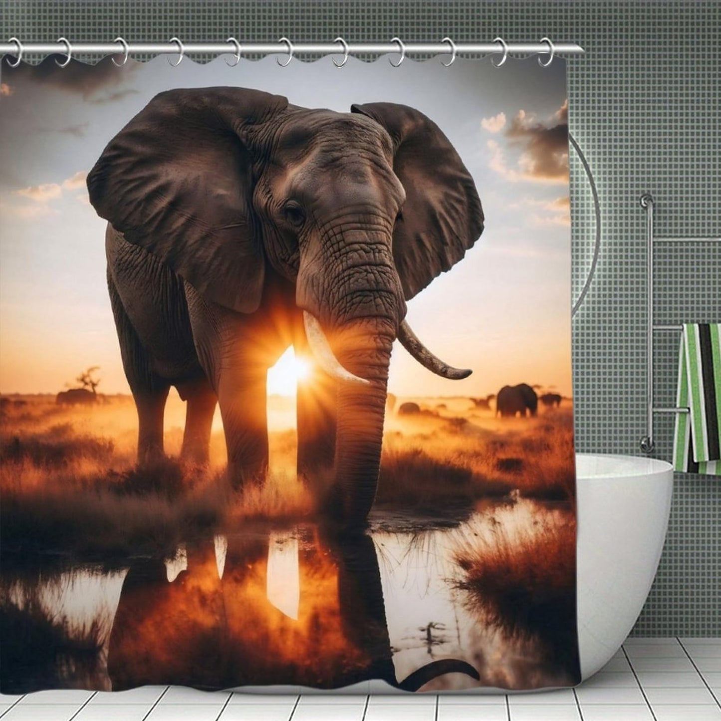Golden Safari Elephant Shower Curtain | African Sunset Wildlife Bathroom Decor | Rustic Nature Bath Curtain | Boho Safari Home Decor