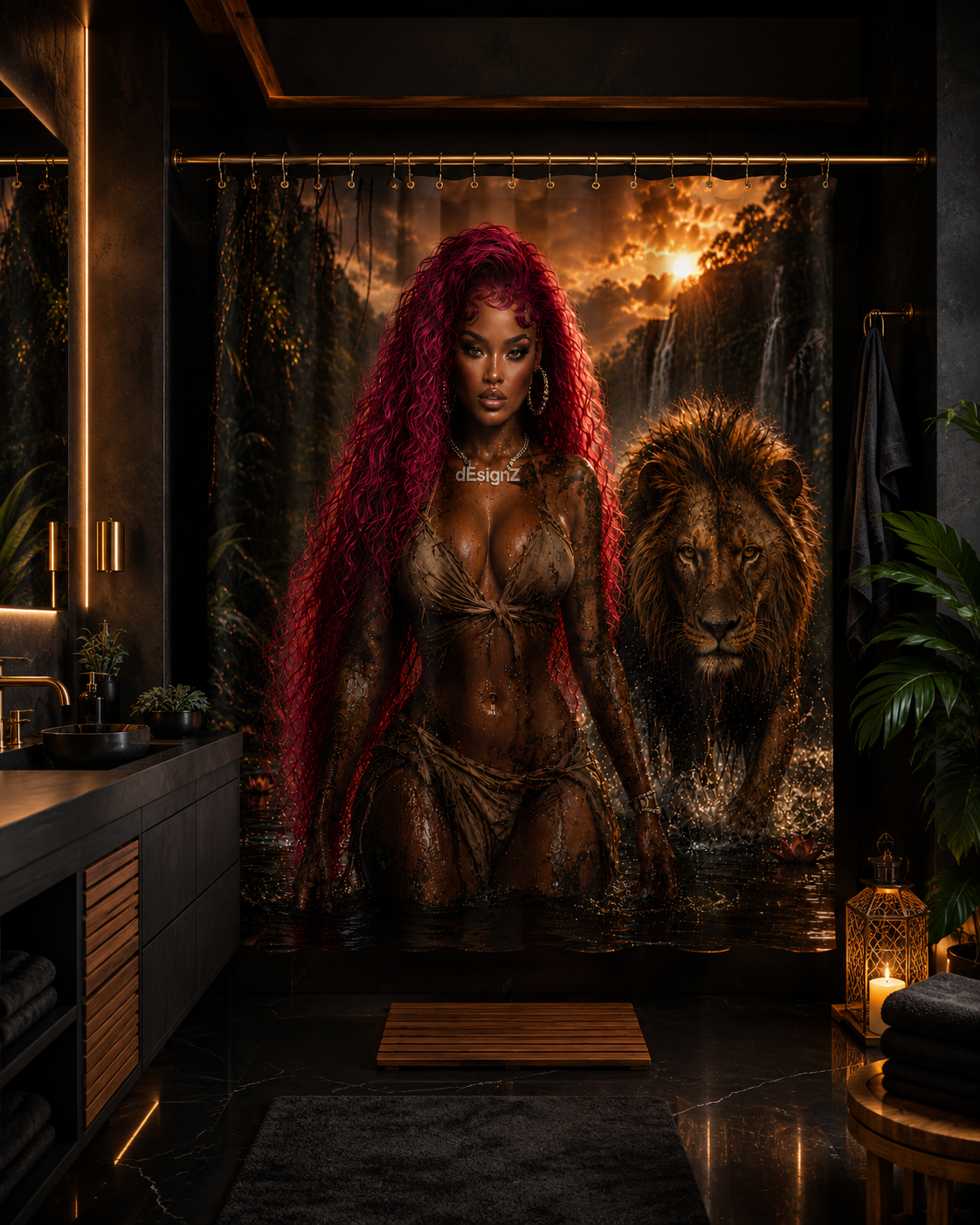 Jungle Queen Lion Shower Curtain, Black Woman Bathroom Decor, Pink Hair Goddess Art, Moody Jungle Bath Decor