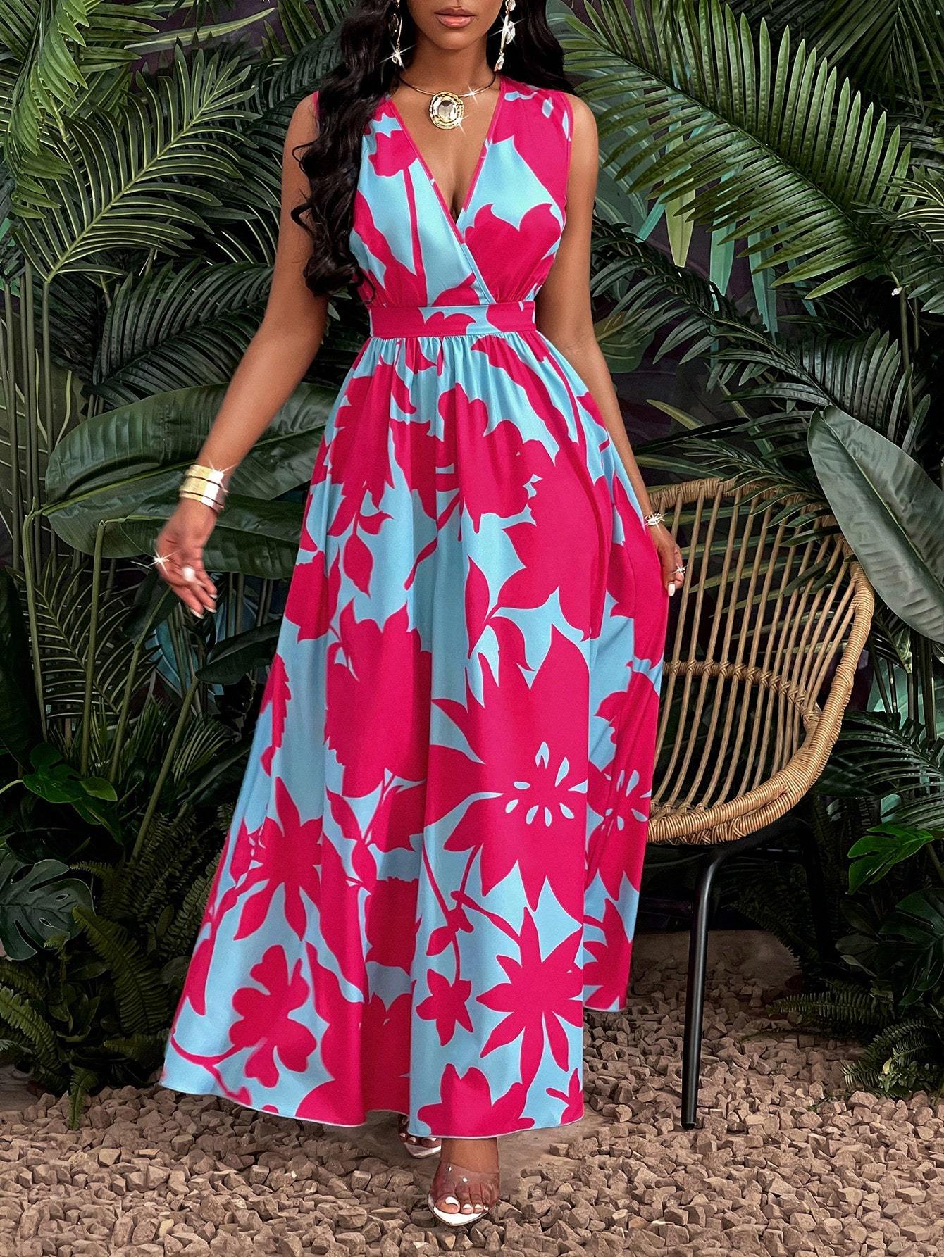 Deep V Neck Fit & Flare Maxi Dress – Elegant Cinched Waist Women's Evening Gown