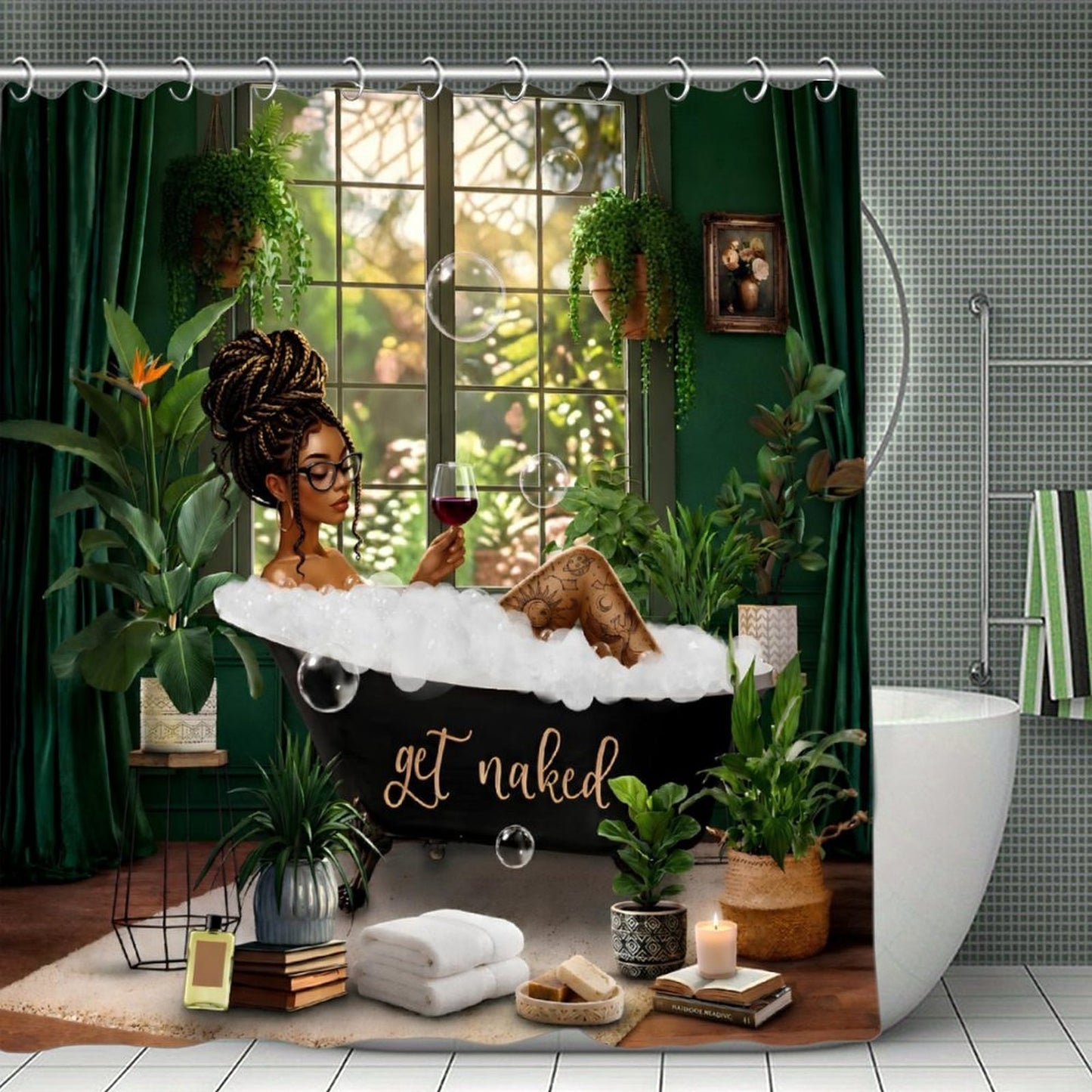 Boho Black Girl Shower Curtain Set, Green Botanical Bathroom Decor, Afro Queen Bubble Bath Curtain, Melanin Bathroom Aesthetic, Get Naked Bath Decor