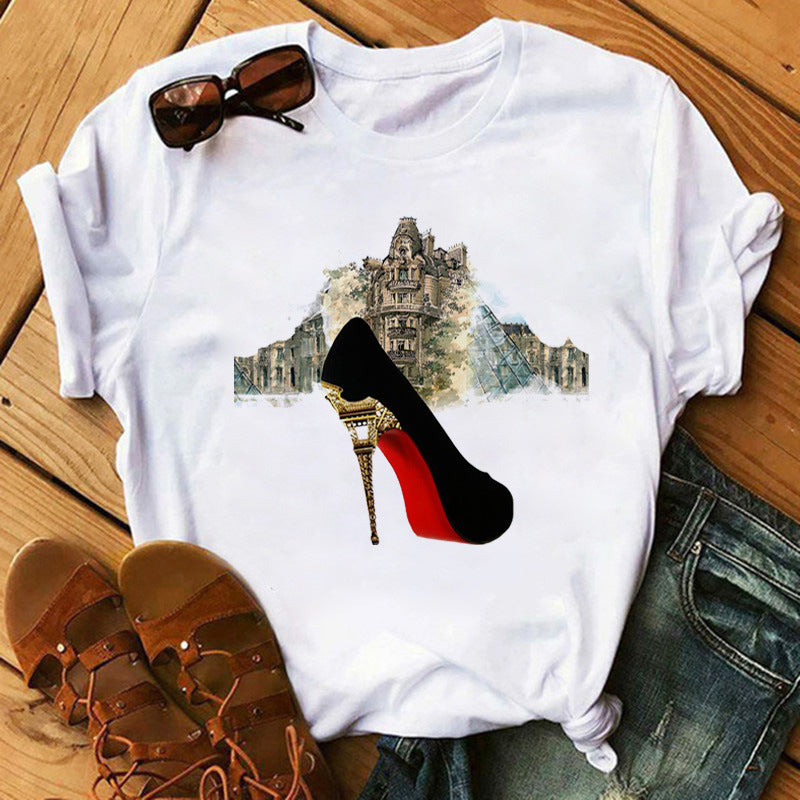 Women's High Heels Pattern Cute Loose Top T-shirt
