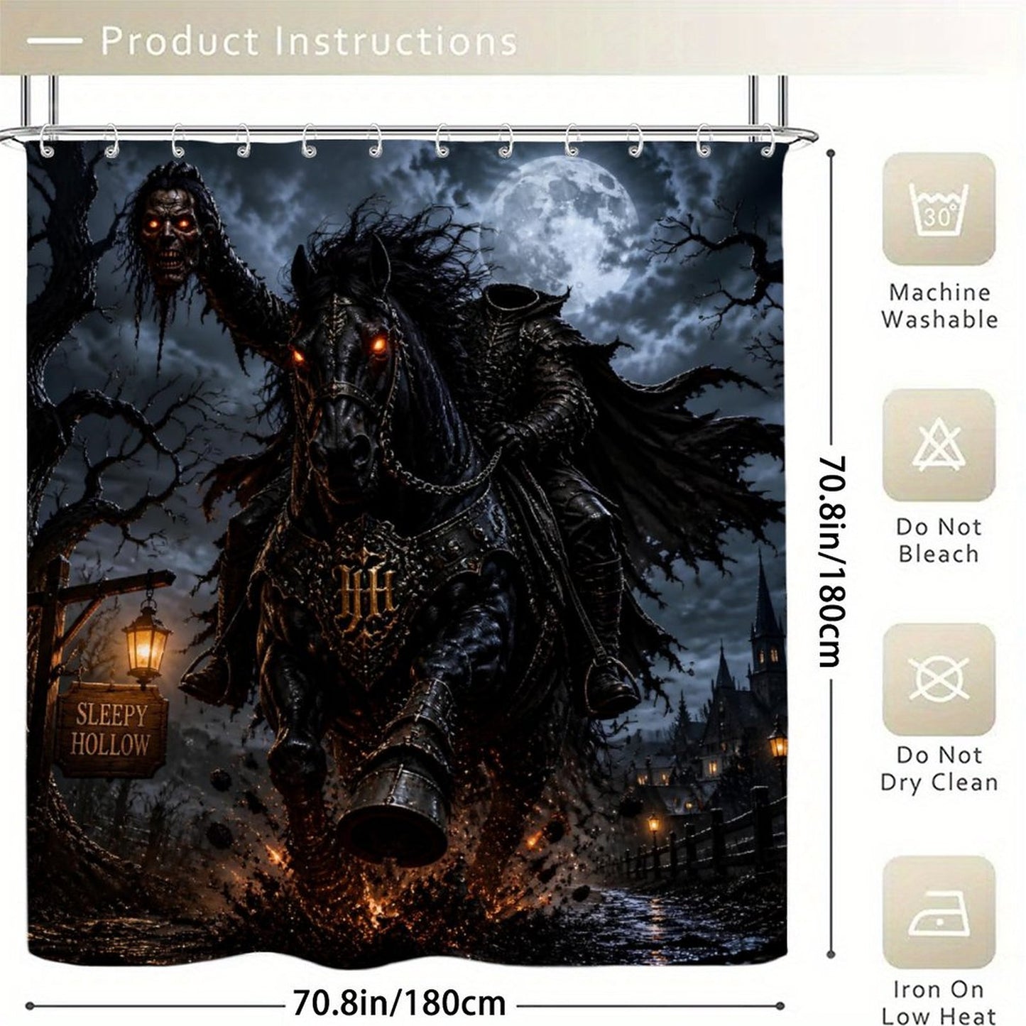 Headless Horseman Shower Curtain, Sleepy Hollow Gothic Bathroom Decor, Dark Fantasy Halloween Shower Curtain, Horror Bathroom Decor